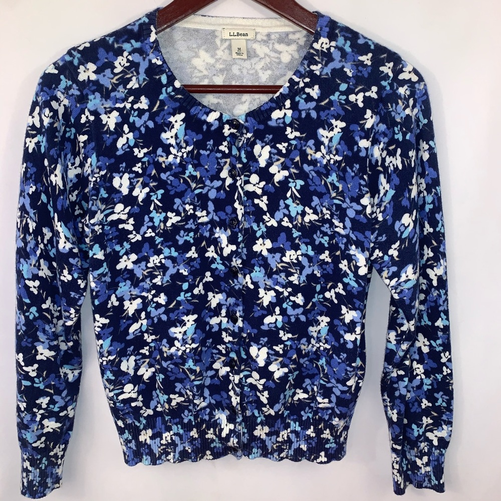 LL Bean Cardigan Sweater Floral Button Down M Pet